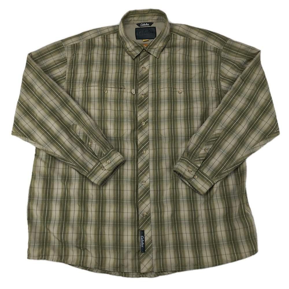 Cabelas Mens 2XL Green Plaid Insect Defense Long Sleeve Fishing Shirt Vented